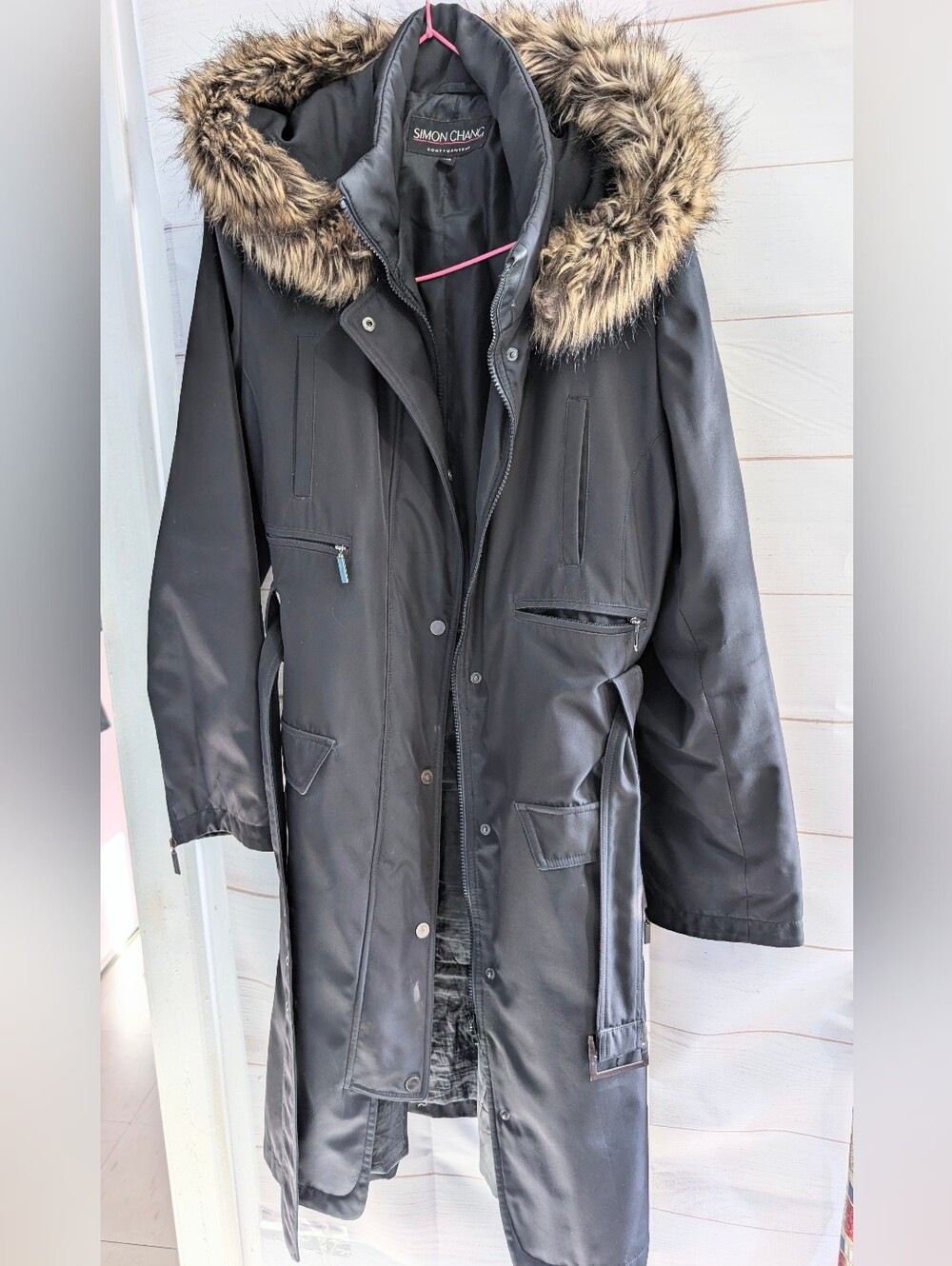 Simon Chang Black Trench Coat with Faux Fur Trim Hood
